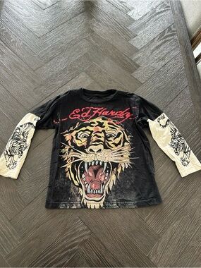 Ed Hardy Black & Cream Tiger Face Long-Sleeve Tee